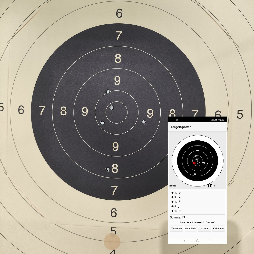 TargetSpotter-App mit virtueller Scheibe, Trefferliste und Summe 47